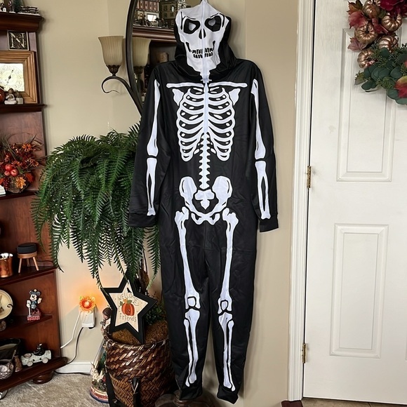 Brand New Halloween Costume Skeleton Zip Up Onesie Mask Cosplay Black & White - Picture 13 of 13